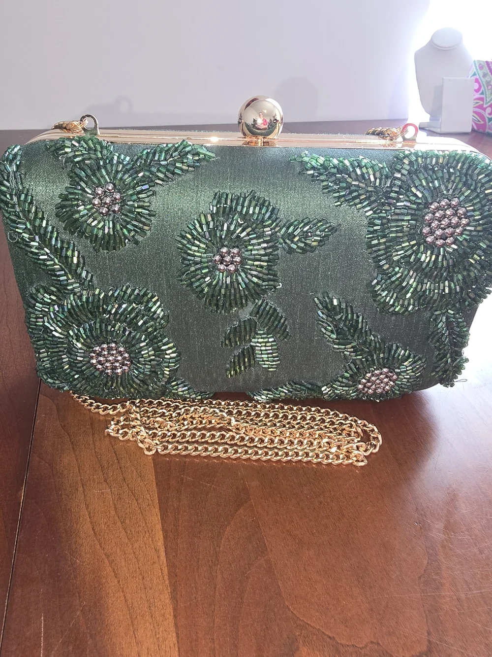 Antonio Melani Green Beaded Floral Evening Clutch with Gold Chain, Like New!